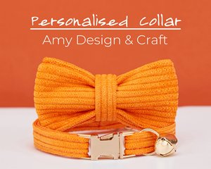 Ensemble de laisse en velours côtelé orange personnalisé pour chat et petit chien, étiquette de nom de chiot chaton gravée gratuitement, cloche en or, animal de compagnie - Product Image 3