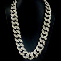 Usine vente chaude argent or métal couleur glacé alliage et strass Hip Hop 30MM largeur gros lien cubain chaîne collier