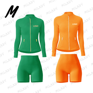 Setelan Olahraga 2 Potong Slim Fit Elastis Tinggi dengan Logo Kustom, Jaket Ber-Resleting dan Setelan Celana Pendek untuk Pakaian Wanita 2025 - Product Image 5