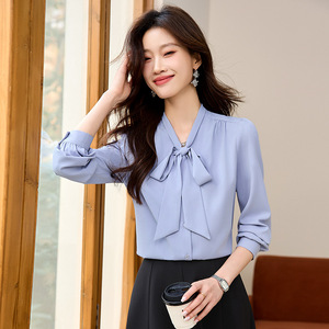 Women's Blue Chiffon Shirt With Bow Office Wear Long Sleeve Solid Color Elegant Blouse For Work - Product Image 1
