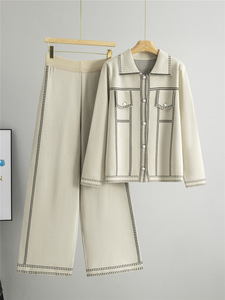Conjunto de punto para <span class=keywords><strong>mujer</strong></span>, otoño invierno, cárdigan con cuello y pantalones holgados, conjunto informal de dos piezas - Product Image 2