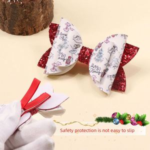 <b>Red</b> Children's All-in-One Fabric Hair Clip Christmas Glitter <b>Bow</b> Hairpin Little Girl's PU Leather Printed Cute Cartoon for Party - Product Image 4