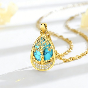 Nuova Collezione: Collana con Pendente a Goccia in Turchese Placcato <span class=keywords><strong>Oro</strong></span> 24K, Gioiello Boho Albero della Vita, Pietra Azzurra a Forma di Pera, Regalo - Product Image 3