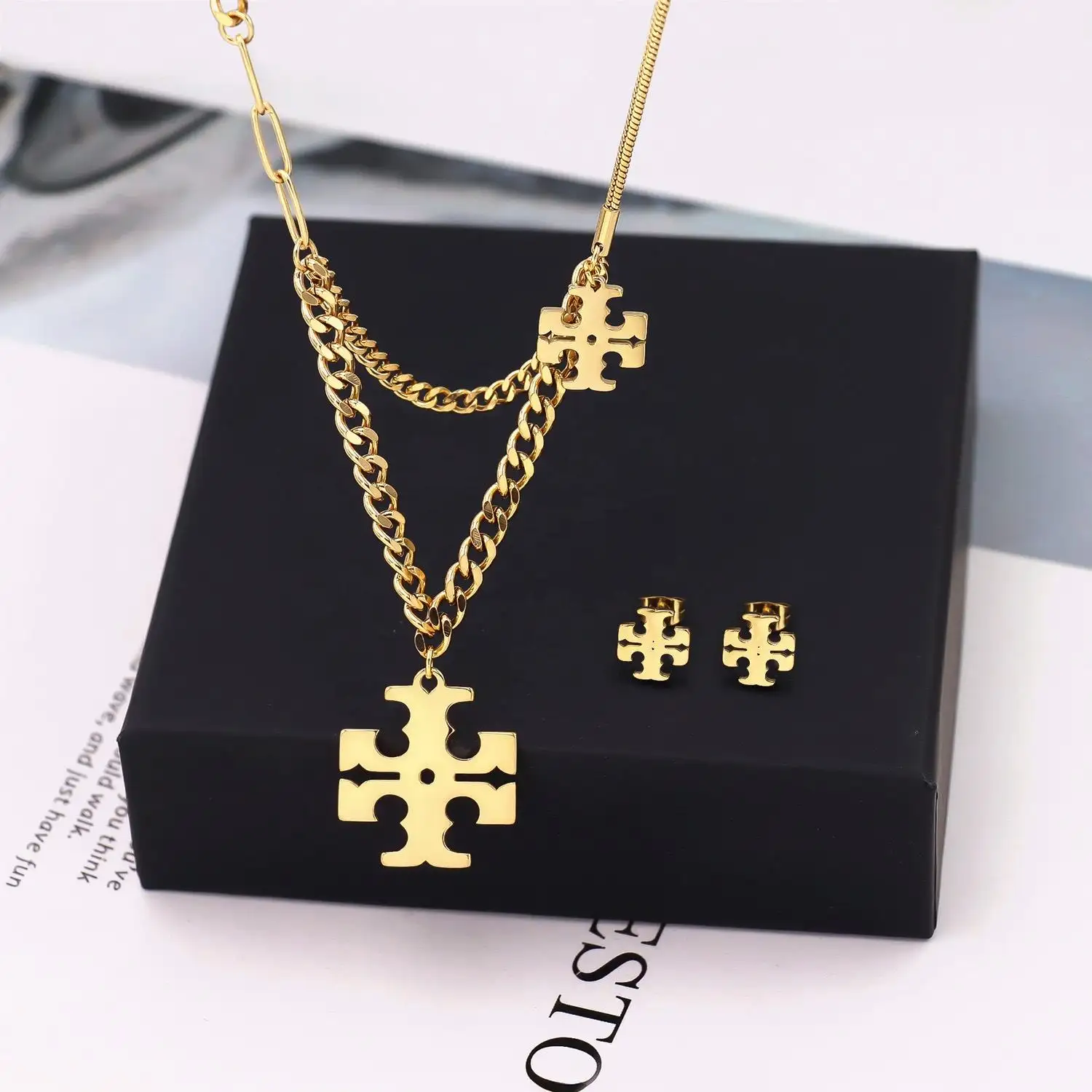 18k Gold Plated pendant Necklace Earrings Famous Brand 316 Stainless Steel Jewelry Set For Women