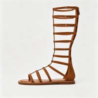 Sandales gladiateur mi-hautes en daim marron Kingdi, talon plat, multi-bandes avec boucles réglables
