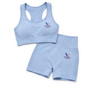 Victoria Sport Women's Light Blue Ribbed <b>Crop</b> <b>Top</b> & Shorts Set Scoop Neck Racerback Breathable Fitness Wear Medium <b>Support</b> - Product Image 5