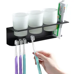 Design moderno all'ingrosso denti montati a parete porta spazzolino spazio <span class=keywords><strong>in</strong></span> alluminio tre bicchieri di vetro porta spazzolino da bagno - Product Image 1