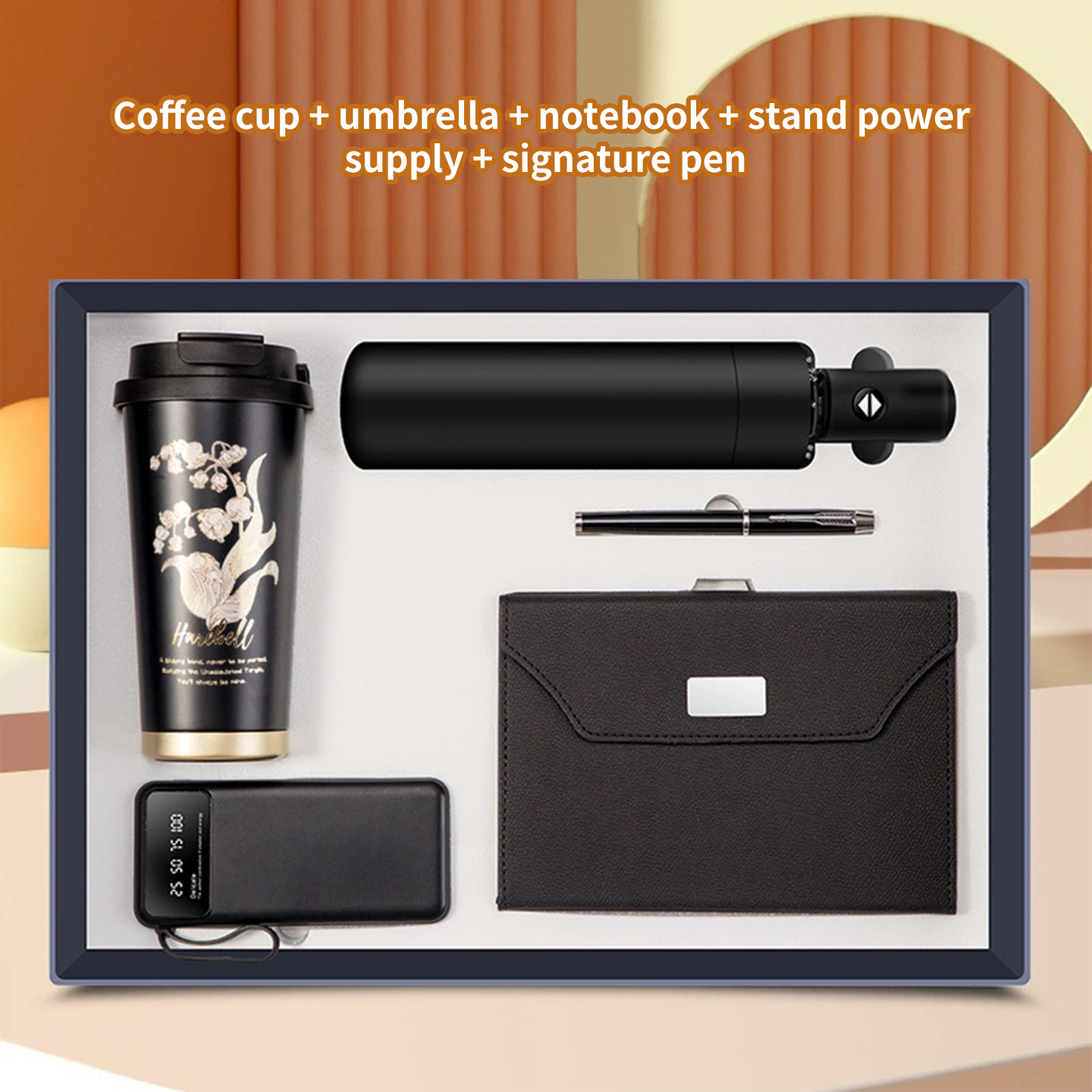 Coffee cup umbrella notebook stand power supply signature pen