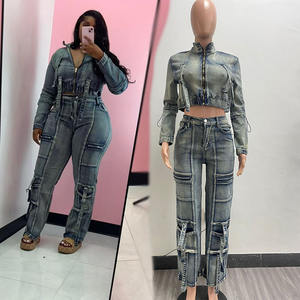 Pronto per la spedizione S-2XL <span class=keywords><strong>moda</strong></span> 2025 Boutique Jeans Jeans Casual giacche due pezzi Set - Product Image 1