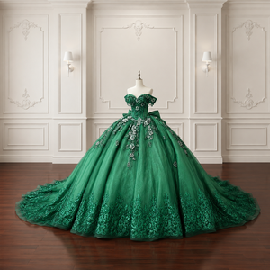 Lsmc140 Elegant <b>Emerald</b> Quinceanera Gown Boat Neck Corset Sparkly Organza Floor-Length Ball <b>Dress</b> Lace Applique Party for - Product Image 3