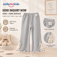 Smiledotkids Pantalon évasé personnalisé pour enfants, gris, avec dentelle, nœud et fente latérale, taille élastique, OEM ODM, pour petites filles, vente en gros