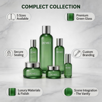 Ensemble d'emballages cosmétiques en verre vert personnalisés OEM avec bouchon en caoutchouc et sérigraphie, capacités 100ml/200ml/50g/100g pour toner, sérum et crème