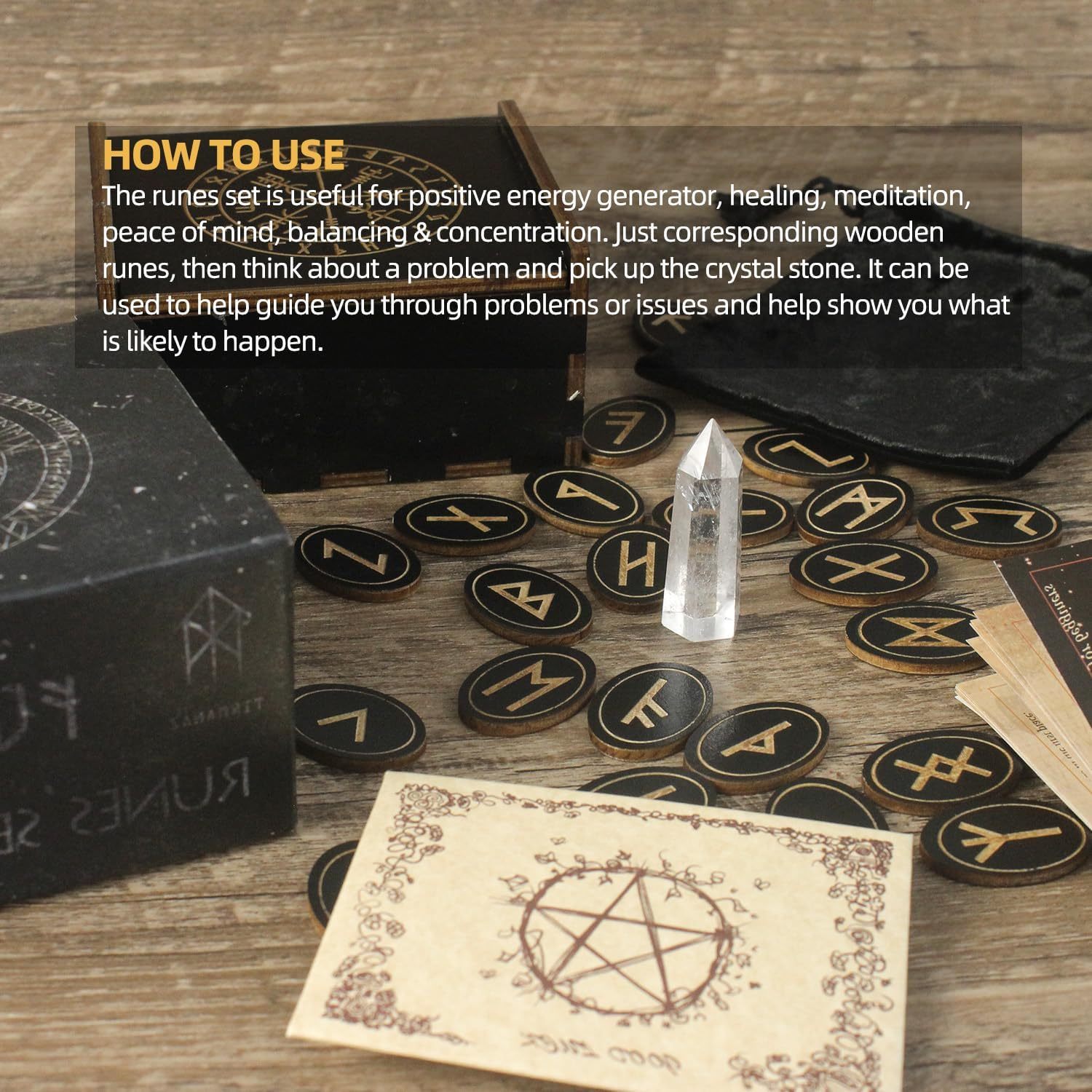 Lot de 25 runes de sorcière - Outils de divination d' avec manuel et sac de rangement