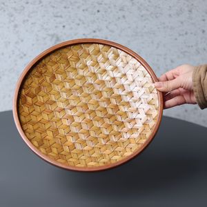 Handmade Bamboo Woven Serving Tray Herringbone Pattern Round For Snacks Fruits Pastries Household Desktop Use - Product Image 3
