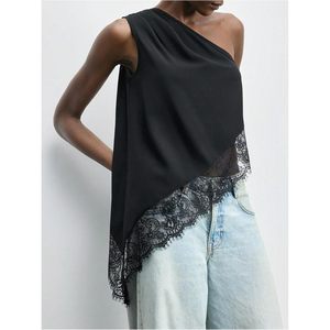 FOXA Débardeur asymétrique à une épaule avec dentelle pour femme, haut d'été sans manches en mousseline respirante - Product Image 4