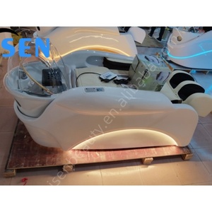 Lit de massage Kisen blanc et noir avec bac en céramique pour spa capillaire, traitement thaïlandais automatique avec luminothérapie - Product Image 1