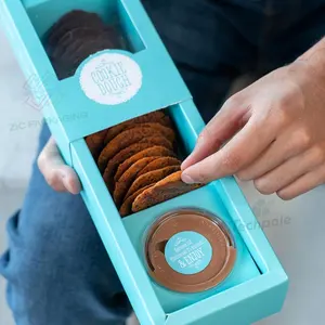 친환경 테이크 아웃 블루 쿠키 소스 슬라이드 상자 크레이프 케이크 베이커리 초콜릿 트러플 케이터링 종이 상자 창 포장
