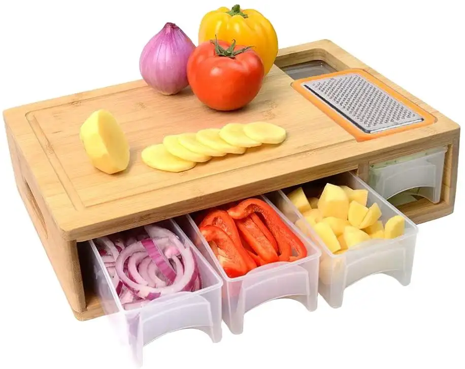 Kitchen Multifunctional Large Natural Wood Chopping Block Bamboo Cutting Board With Containers