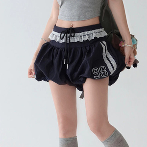 Sweet Street Style Loose Mid Waist Bouffant Bermuda Shorts Eco-Friendly Breathable Digital Print Lace Trim Color Block - Product Image 1