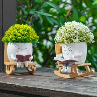 1 Buah Pot Tanaman Resin Bentuk Kursi Goyang Karakter Lucu Sedang Membaca Buku, Vas Tanam Dekoratif untuk Tanaman, Dekorasi Taman Halaman