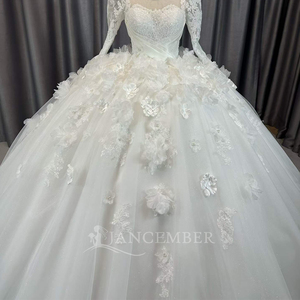 Lscm96 Elegant Ivory Princess Bridal Gown Illusion Long Sleeve Lace Corset <b>Wedding</b> Dress 3D Flower Applique Jancember - Product Image 6
