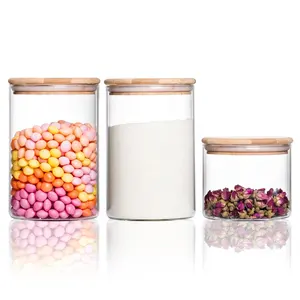 Bocal de stockage de qualité alimentaire bocaux de stockage en verre de luxe fantaisie à haute teneur en borosilicate avec couvercle hermétique en bambou essentiels de cuisine