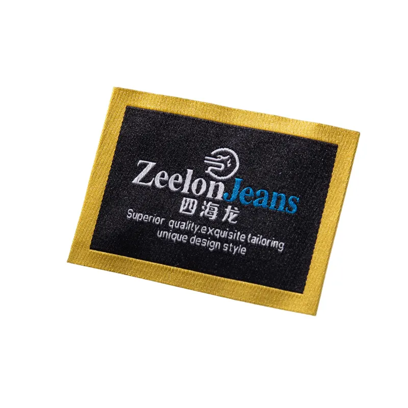 Zeelon Jeans Letter Logo Goedkope Snel Aangepaste Merknaam Logo Textuur Satijn Uiteinde Gevouwen Ijzer Op Genaaid Op Geweven Label Nek Label