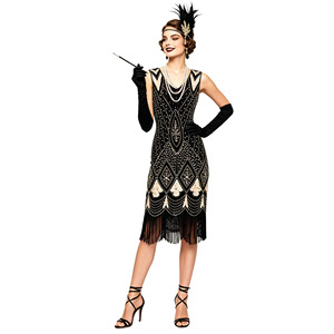 1920er Vintage Paillettenkleid mit Perlen- und Quastendetails Ärmellos V-Ausschnitt Wadenlang Partykleid Retro Cocktailkleid für Damen - Product Image 4