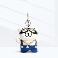Porte-clés Kawaii en peluche douce, motif chien ours anime, animal en peluche mignon, breloque de sac, décoration pour sac à dos, avec salopette en jean, lunettes et béret