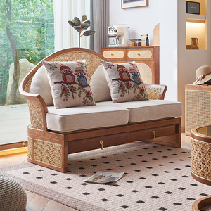 Juego de Sofás de Almacenamiento de Madera Maciza de Fresno y Ratán, Estilo Japandi Vintage Moderno, Muebles de Mimbre para Interiores, para Sala de Estar, Apartamento, Majlis, Personalizable - Product Image 3