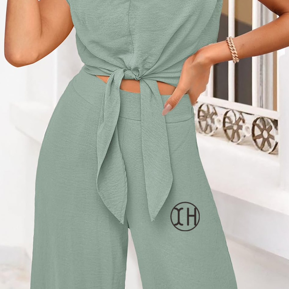 Factory Ladies Summer 2 Piece Outfits Casual Cap Sleeve V Neck Lace-up Cropped Tops Wide Leg Pant Sets with Pockets · image 6