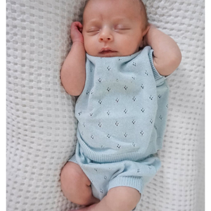 Conjunto de 2 Piezas Personalizado de Punto y <span class=keywords><strong>Crochet</strong></span> para Bebé Niño, Suéter con Diseño Pointelle, Camiseta y Pantalones Cortos de Verano - Product Image 1