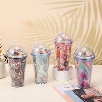 Vaso de Plástico Ecológico de 450 ml, Libre de BPA, con Pajita, Tapa de Doble Pared a Prueba de Fugas, Diseño Reutilizable, Color Confeti Kawaii para Niños