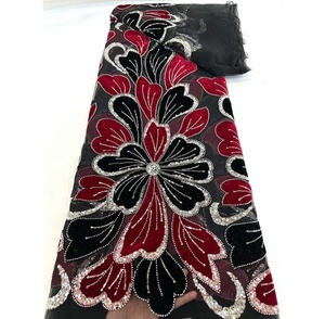 Tela de Encaje de <span class=keywords><strong>Terciopelo</strong></span> Francés Bordada con Flores de Alta Calidad, Lentejuelas y Cuentas, Ecológica, 5 Yardas, para Vestidos de Novia y Fiestas Africanas - Product Image 5