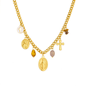 European American Gold Plated 18K Oval Saint Cross Pendant Stainless Steel <b>Beaded</b> Jewelry <b>Set</b> Religious Ceremonies Unisex - Product Image 5