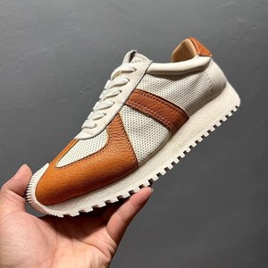 Men's Genuine <b>Leather</b> <b>Sneakers</b> White Brown Hollowed Out Low Top Casual Fitness Walking Shoes Flat Heel Front Laces - Product Image 1