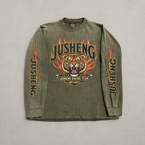 T-shirt à manches longues en tricot délavé à l'acide pour <span class=keywords><strong>homme</strong></span>, 100 % coton épais, impression graphique DTG, col rond, style streetwear vintage, OEM ODM - Product Image 1
