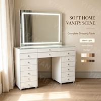 Table de toilette moderne avec miroir éclairé par LED Usine de vanité moderne avec rangement pour meubles de salle de bain et chambre à coucher Vente en gros