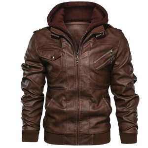 Otoño Invierno Vintage chaqueta de cuero para hombre Slim Stand Button con capucha PU Biker abrigo cremallera cálido tejido polar Casual para - Product Image 1