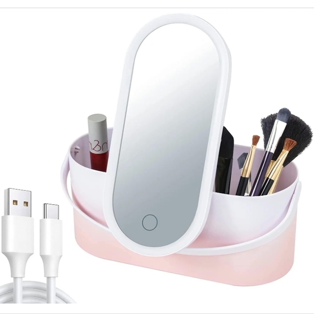 Travel Makeup Organizer Box With Mirror Portable Cosmetic Case Dimmable LED Lighting Pink Multi-Purpose Makeup Storage Train Box