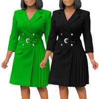 Nouvelle Robe d'été plissée pour femme, taille haute, col en V, manches trois quarts, ceinturée, longueur midi, style tailleur, pour le bureau
