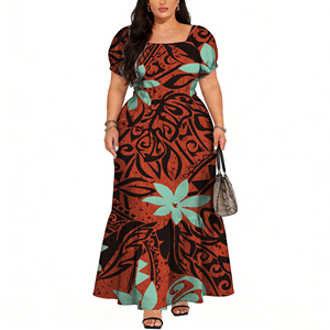 <span class=keywords><strong>Vestido</strong></span> de Verano Largo hasta el Suelo, Silueta de Sirena, Estampado Polinesio, Manga Corta, Diseño Simple y Dulce, Ecológico - Product Image 1