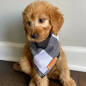 Hochwertiges kariertes Design Personal isiertes Haustier zubehör Leder patch Traditionelle Krawatte Benutzer definiertes Namensschild Haustier Hund Bandana Mit Logo