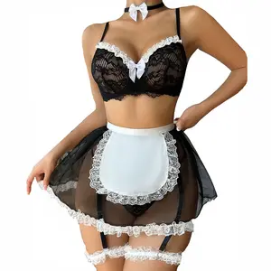 New Erotic Lace Maid Roleplay Traje 4 Peças Set Stripper Dress Naughty Gargantilha Dia dos Namorados Mulheres Sexy Lingerie Set
