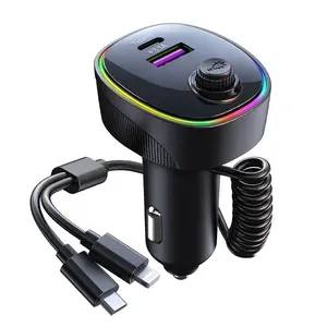 Universal 66W Car Charger Fast Charging For Phone Quick Charge Usb C Charger With 2 In1 Spring Cable For IPhone Samsung