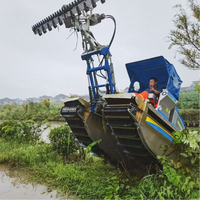Bateau amphibie multifonctionnel pour la coupe et le ramassage des plantes aquatiques avec propulsion hydraulique.