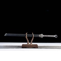 Épée à lame pleine 1065CS noire à fourreau grainé, faite à la main, avec gravure en alliage d'argent antique, conception de pommeau annulaire, collection Dao à lame pleine