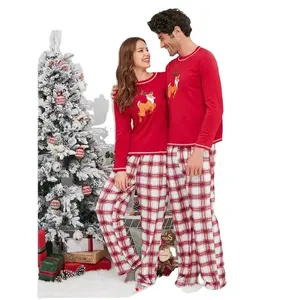 KY新デザイン卸売ファミリーチェック柄トナカイプリントメリークリスマスカップルパジャマ