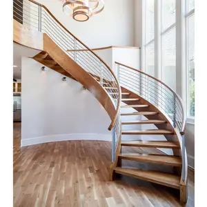 High Quality Steel Wood Stair Curved Staircase With Glass Balustrade