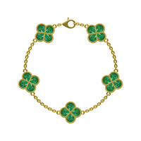 Ensemble de bijoux pour filles haut de gamme en or 18 carats avec bracelet et boucles d'oreilles pendantes en malachite verte Van Cleef, vente en gros.